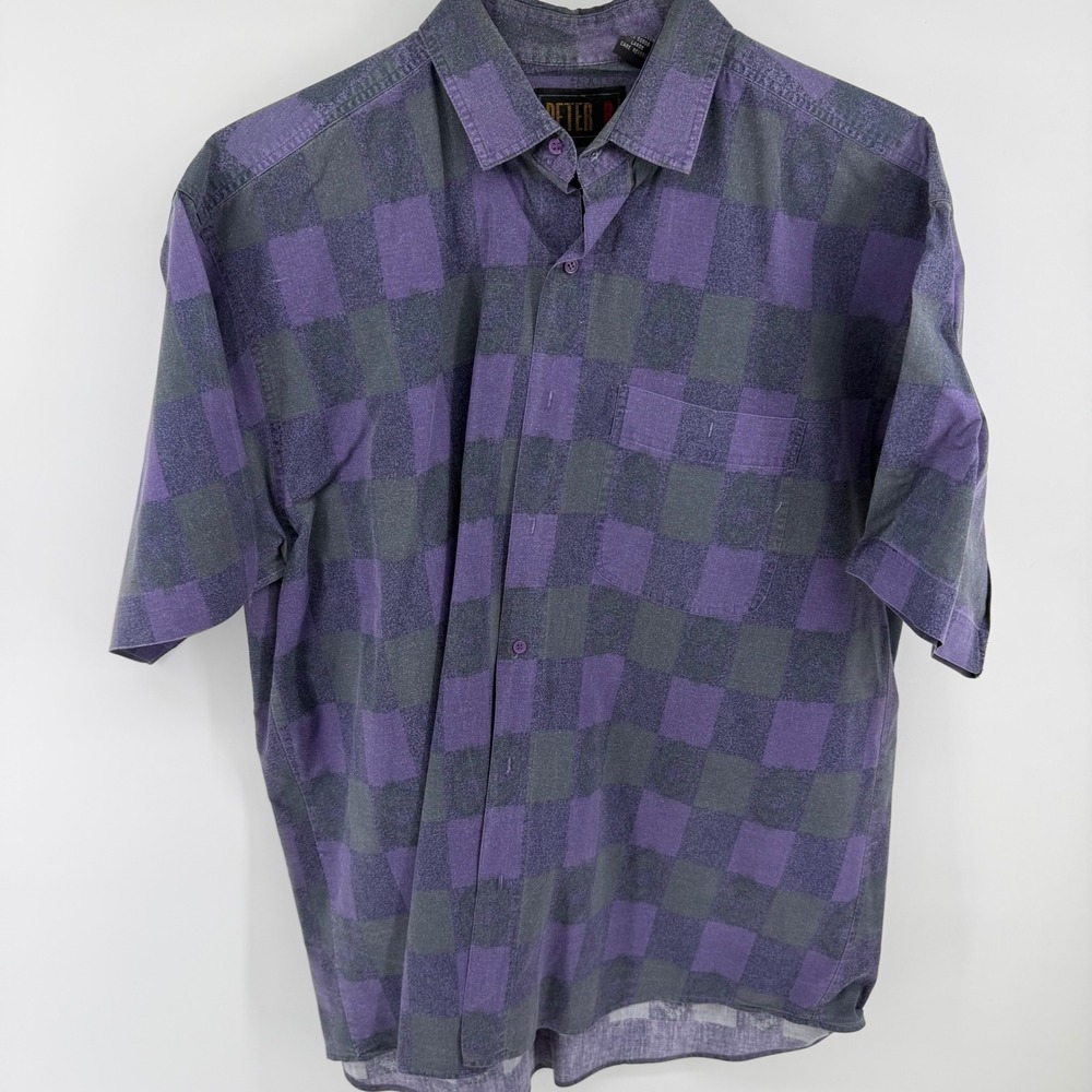 Peter B Mens L Purple Grey Buffalo Checkered Short Sleeve Button Down Shirt VTG